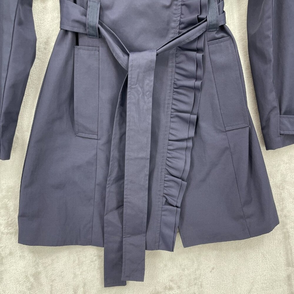 Elevenses Navy Ruffle Double Breasted Belted Mid Length Trench Coat - Picture 2 of 15